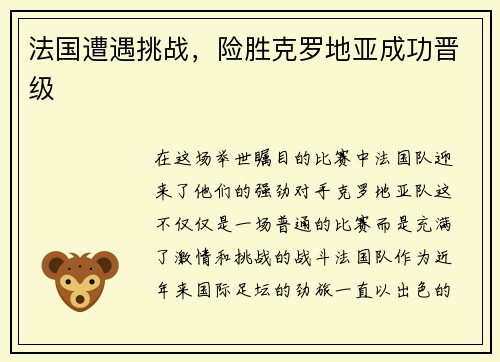 法国遭遇挑战，险胜克罗地亚成功晋级