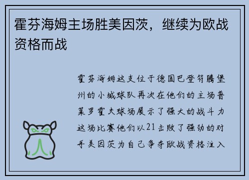 霍芬海姆主场胜美因茨，继续为欧战资格而战