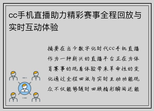 cc手机直播助力精彩赛事全程回放与实时互动体验